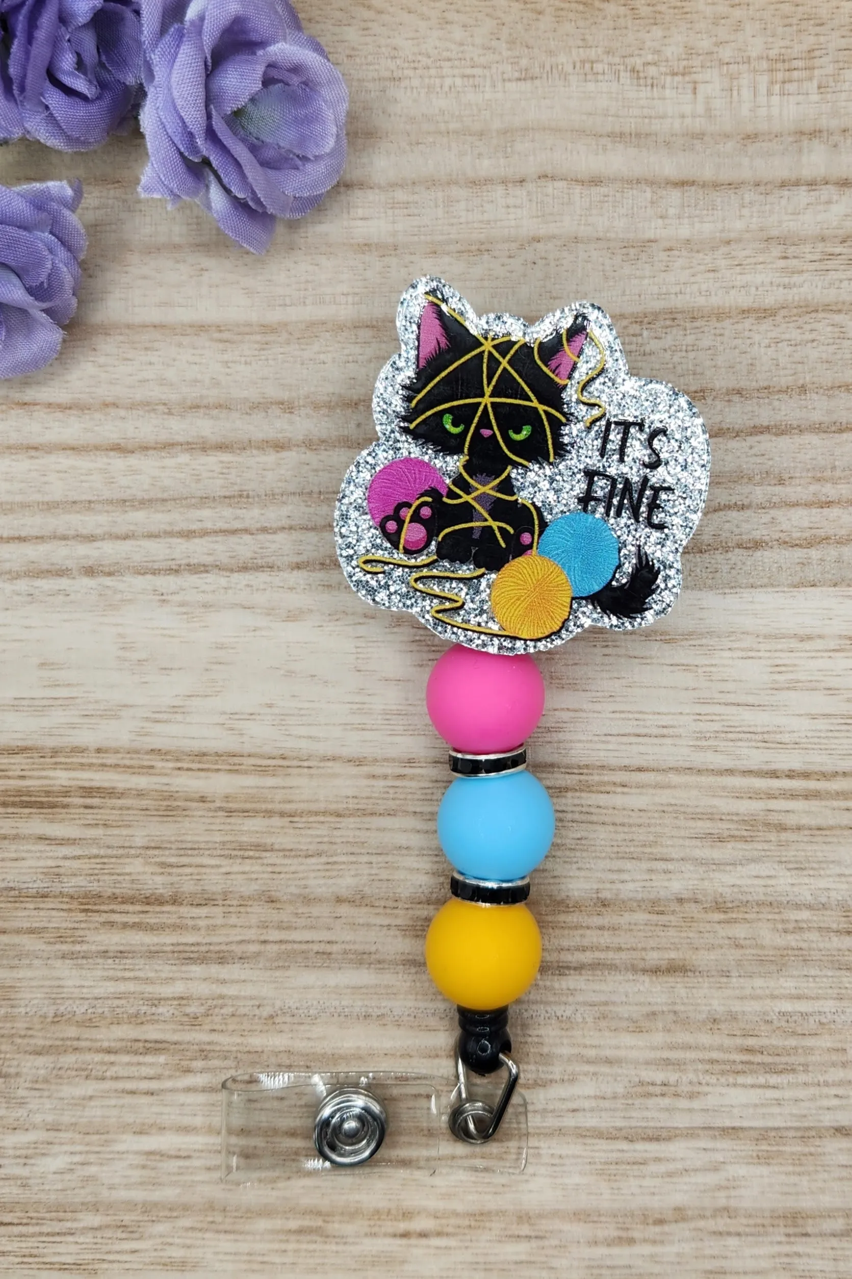 Badge Reel-It's Fine Cat (Silver Glitter) AV012