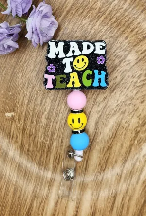 Badge Reel-Made to Teach Smiley (Black Glitter) TS015