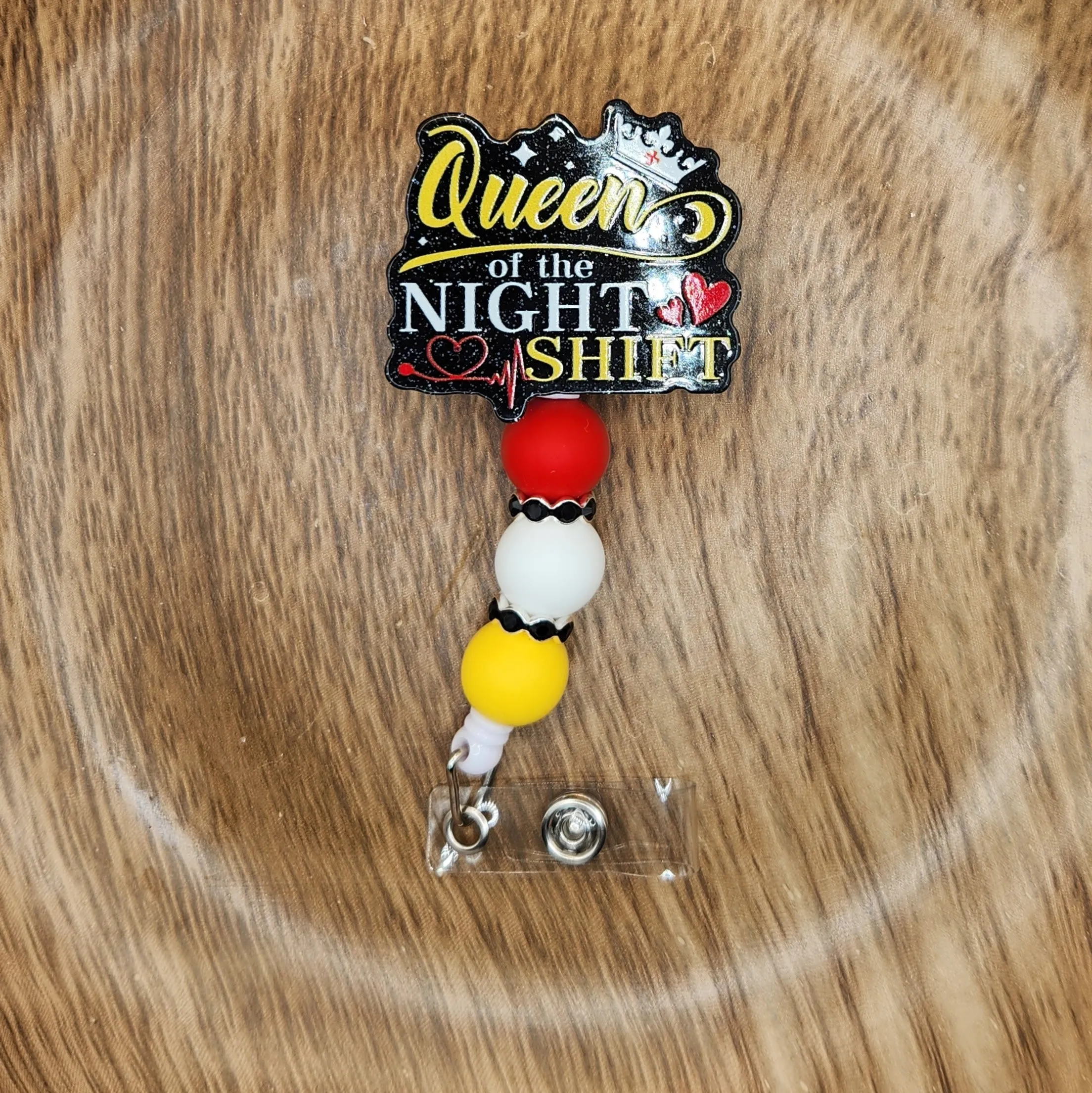 Badge Reel-Queen of the Night Shift-Red & Yellow (Black Glitter) NP076