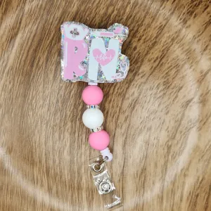 Badge Reel-RN-Pink & White (Silver Star Glitter) NP079