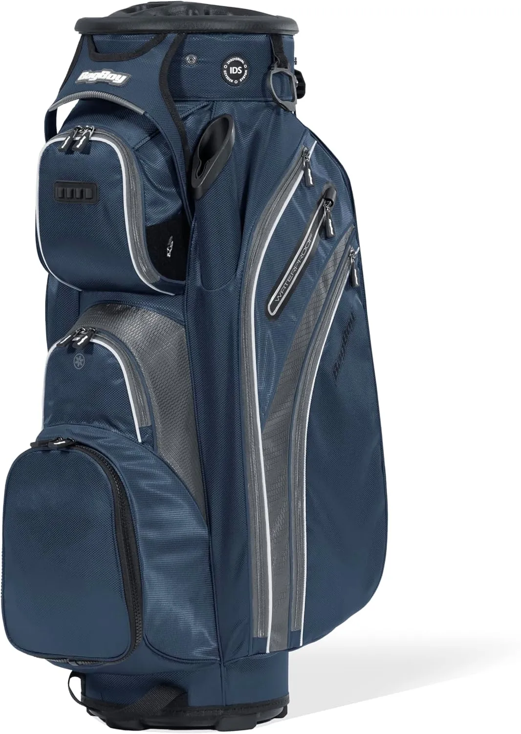 Bag Boy Revolver XP Golf Cart Bag, 14 Way 360⁰ Rotating Top with Full Length Individual Dividers, External Putter Tube, 9 Pockets, Navy/Charcoal/White