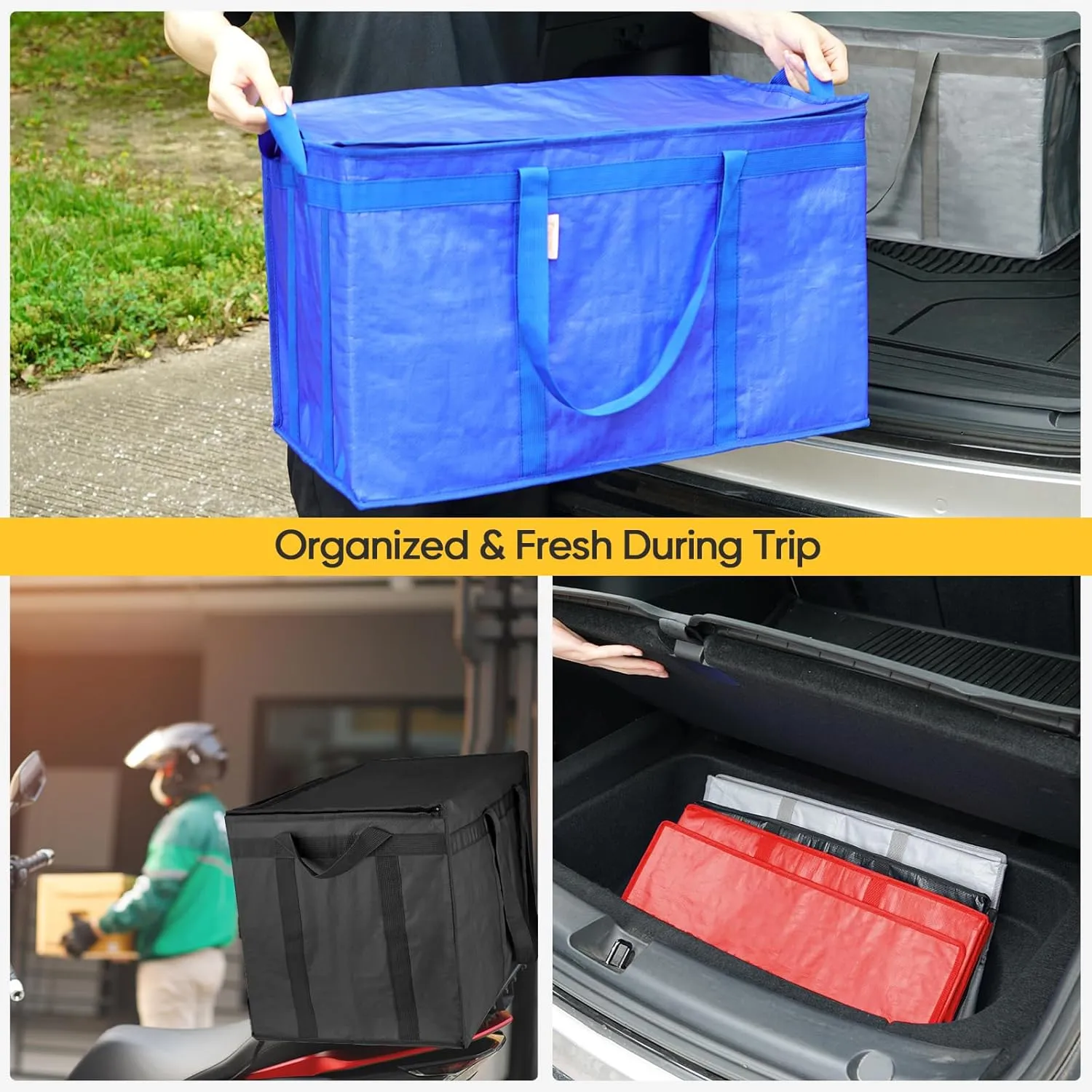 BALEINE 2Pk Insulated Reusable Grocery Bags, Collapsible Cooler Bag for Groceries, Heavy Duty Large Insulated Bag (24''x14''x15'', Charcoal Black)