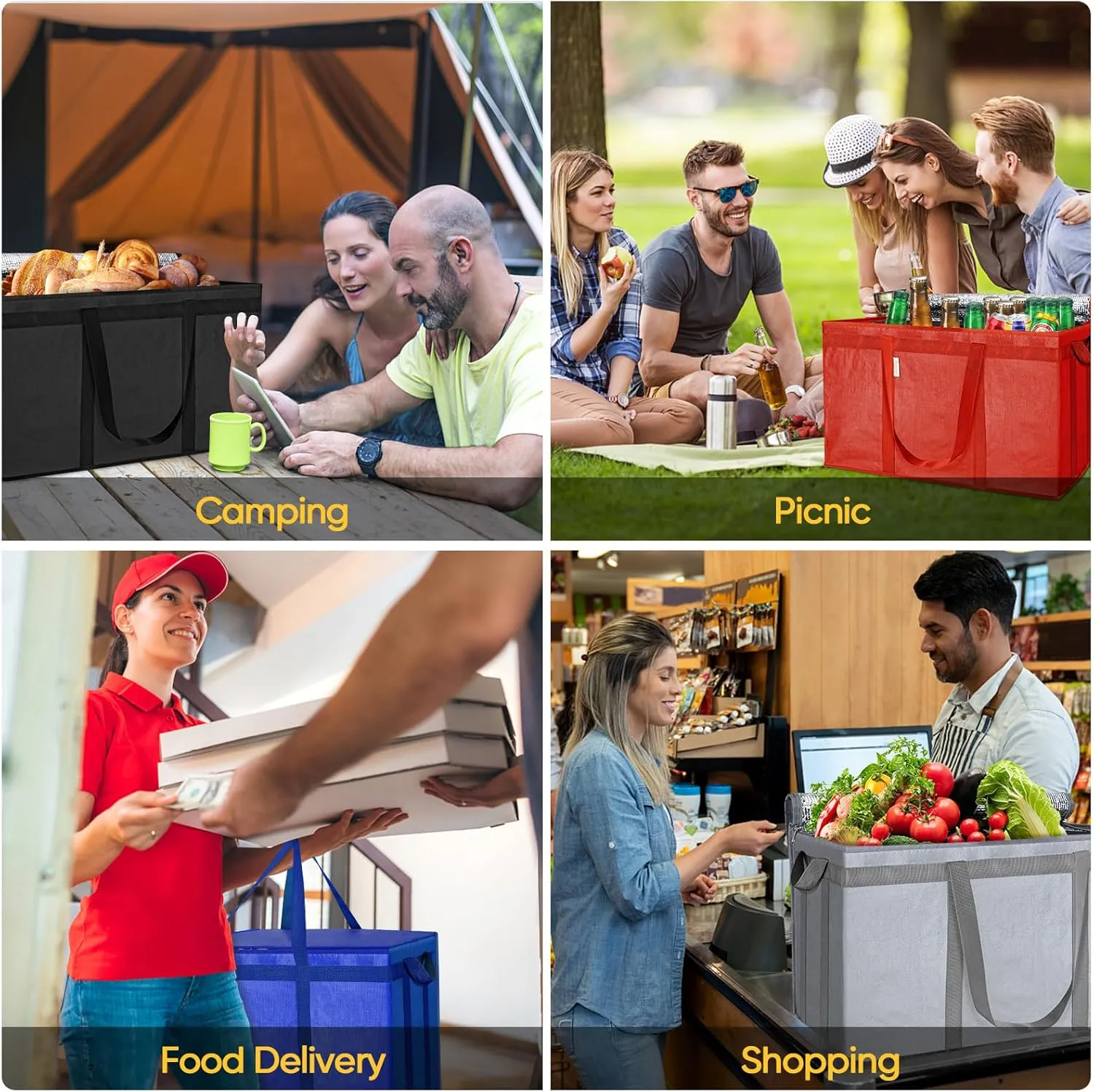 BALEINE 2Pk Insulated Reusable Grocery Bags, Collapsible Cooler Bag for Groceries, Heavy Duty Large Insulated Bag (24''x14''x15'', Charcoal Black)