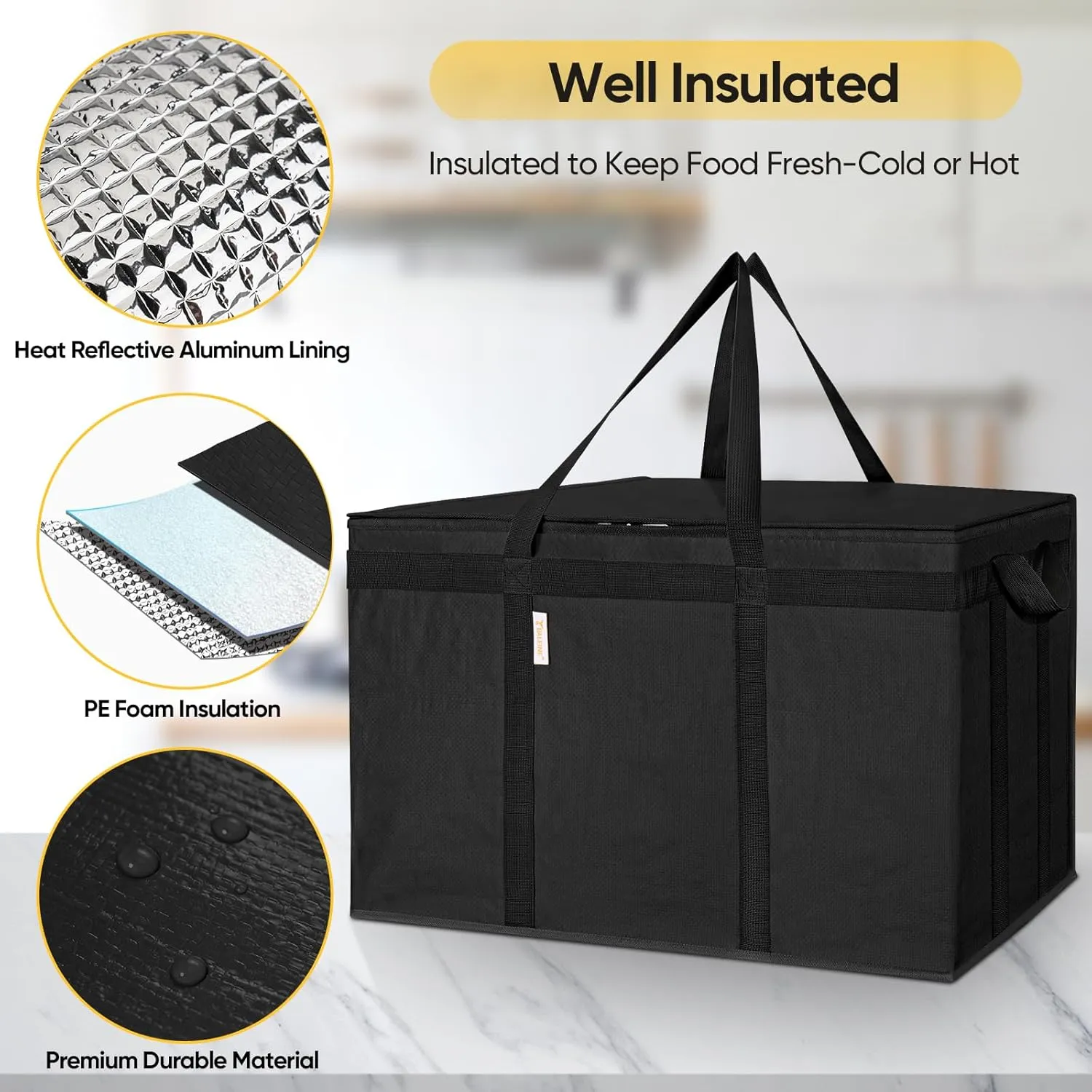 BALEINE 2Pk Insulated Reusable Grocery Bags, Collapsible Cooler Bag for Groceries, Heavy Duty Large Insulated Bag (24''x14''x15'', Charcoal Black)
