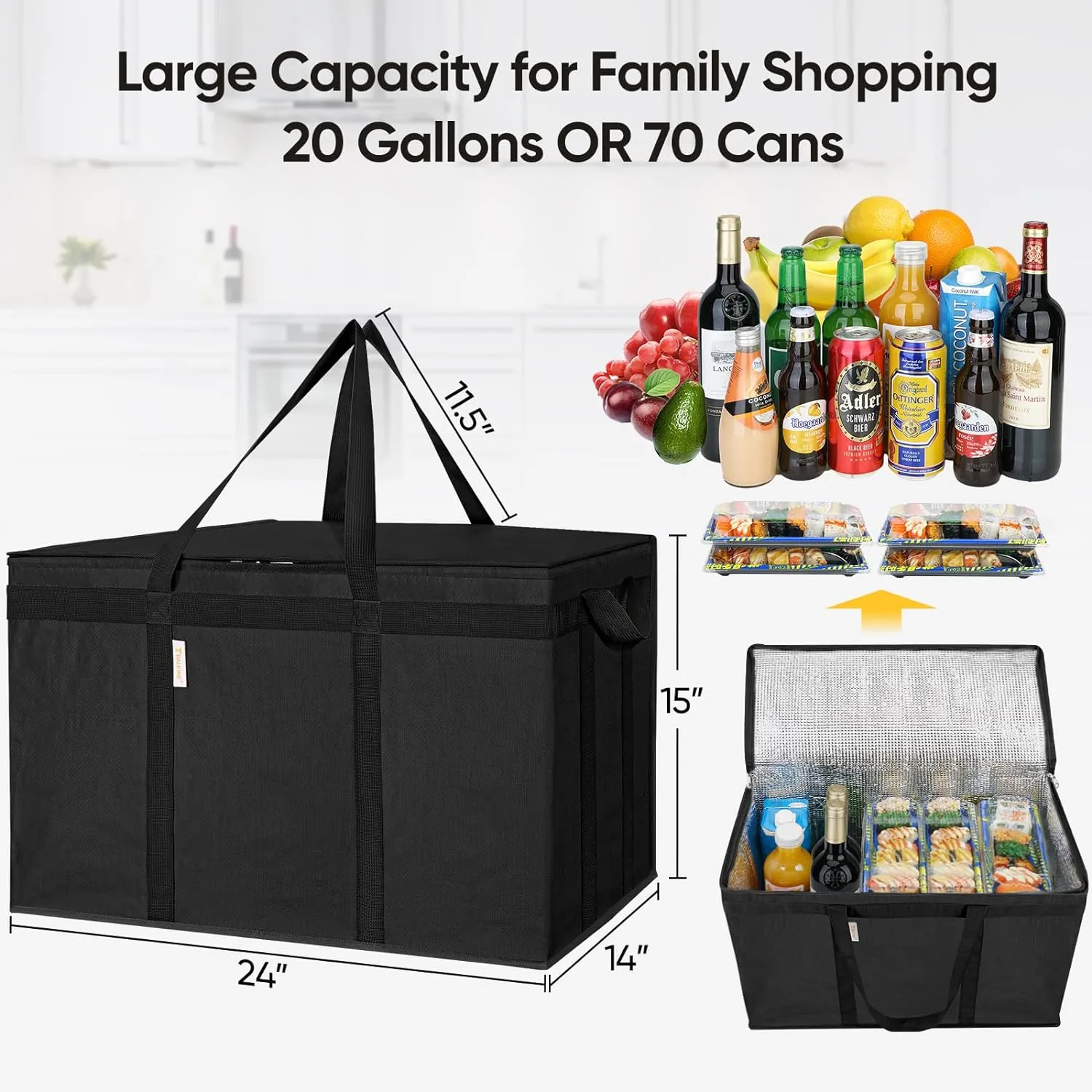 BALEINE 2Pk Insulated Reusable Grocery Bags, Collapsible Cooler Bag for Groceries, Heavy Duty Large Insulated Bag (24''x14''x15'', Charcoal Black)