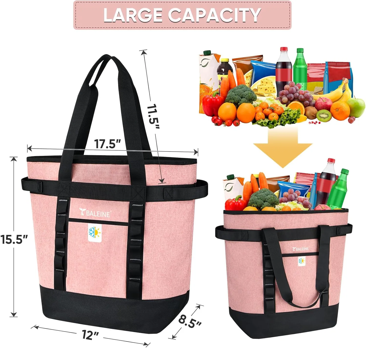 BALEINE Large 36-Can Cooler Bags Insulated, PEVA Soft Cooler Tote Bag, Insulated Grocery Bags with Zippered Top (8.5 Gallon, Pink)