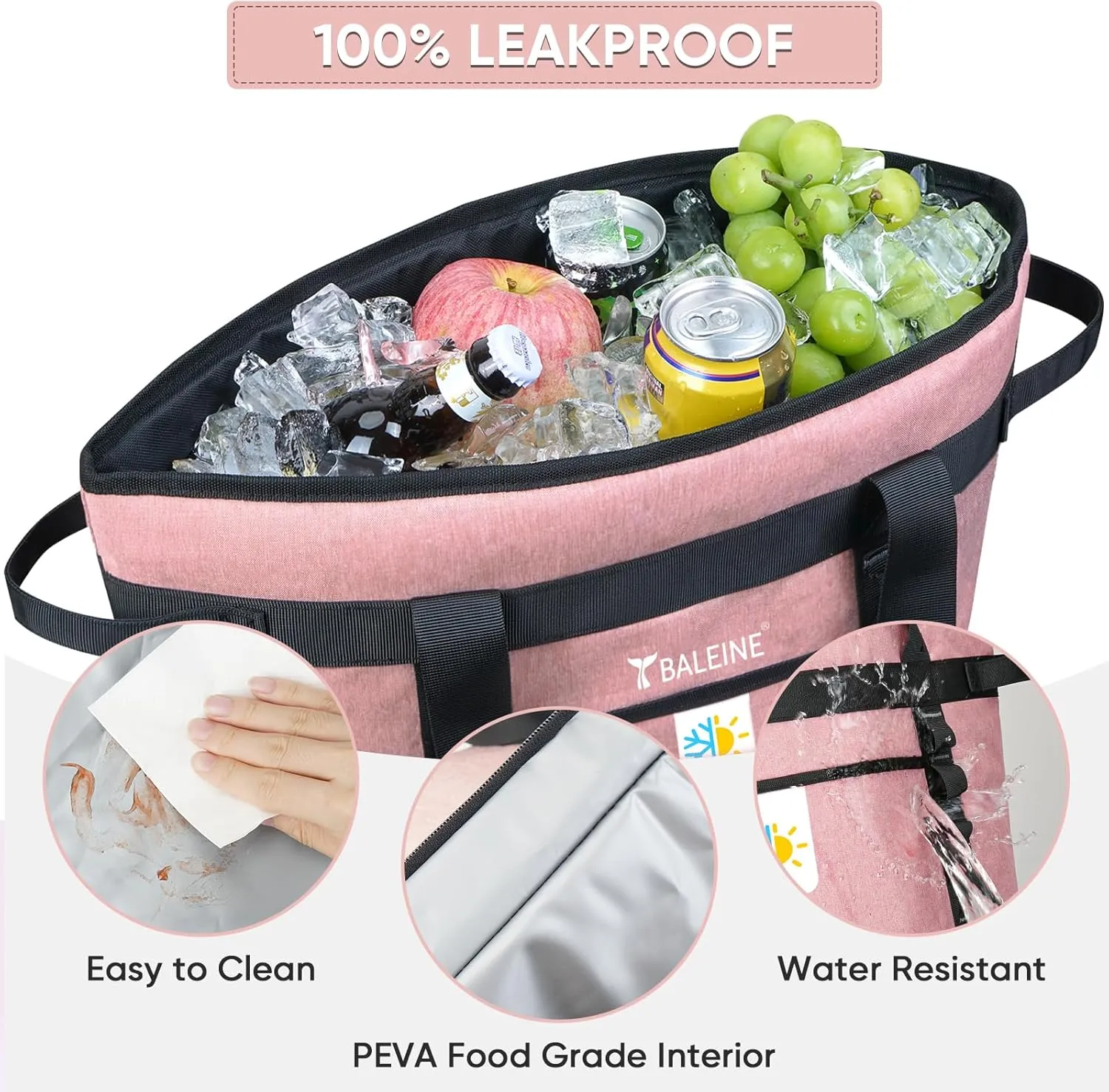 BALEINE Large 36-Can Cooler Bags Insulated, PEVA Soft Cooler Tote Bag, Insulated Grocery Bags with Zippered Top (8.5 Gallon, Pink)