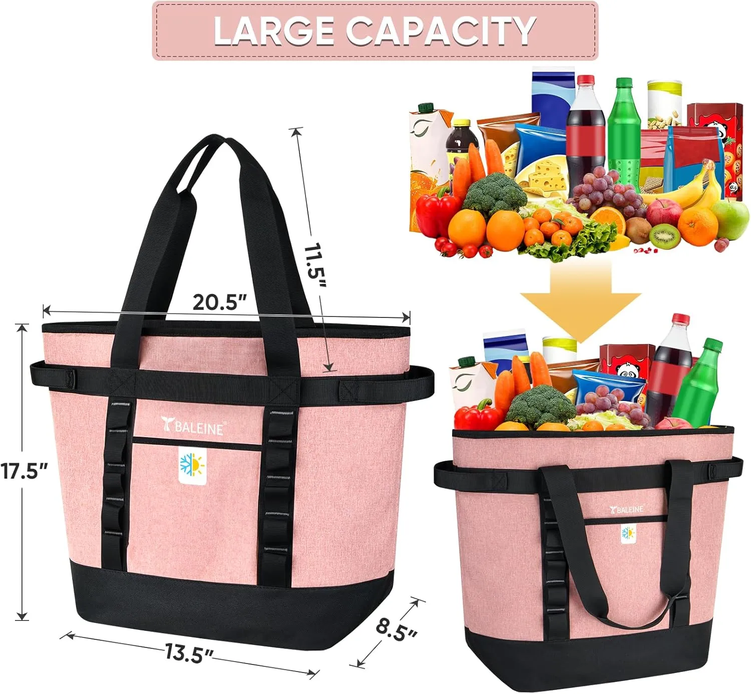 BALEINE Large 45-Can Cooler Bags Insulated, PEVA Soft Cooler Tote Bag, Insulated Grocery Bags with Zippered Top (10.5 Gallon,Pink)