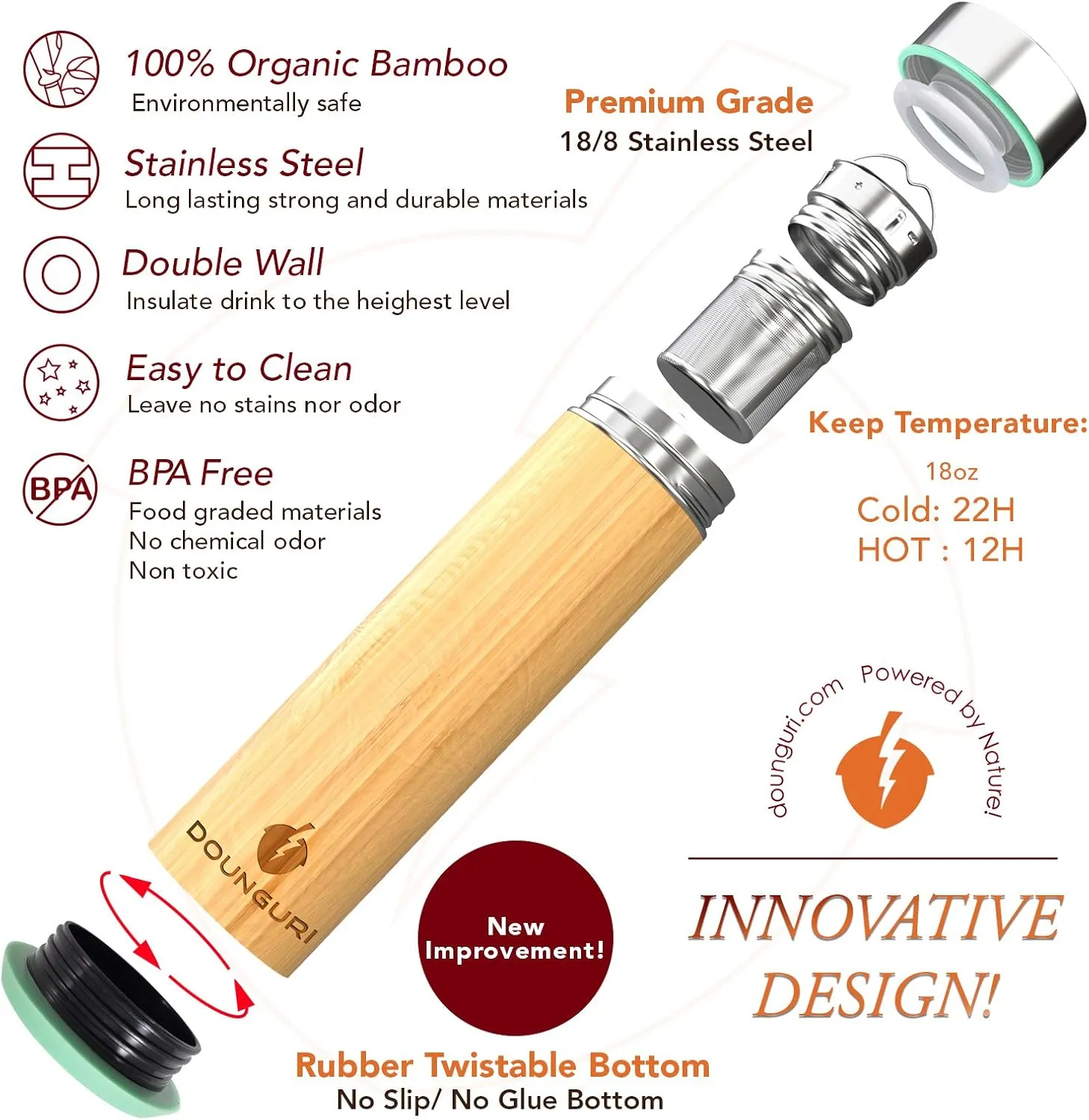 Bamboo Hot Tea Travel Tumbler with Strainer Infuser, Loose Leaf Tea Bottle - 18 oz Green Vacuum Insulated Stainless Steel Thermos/Coffee Travel Bottle/Hot and Cold Water/Leak Proof/Gift Ready