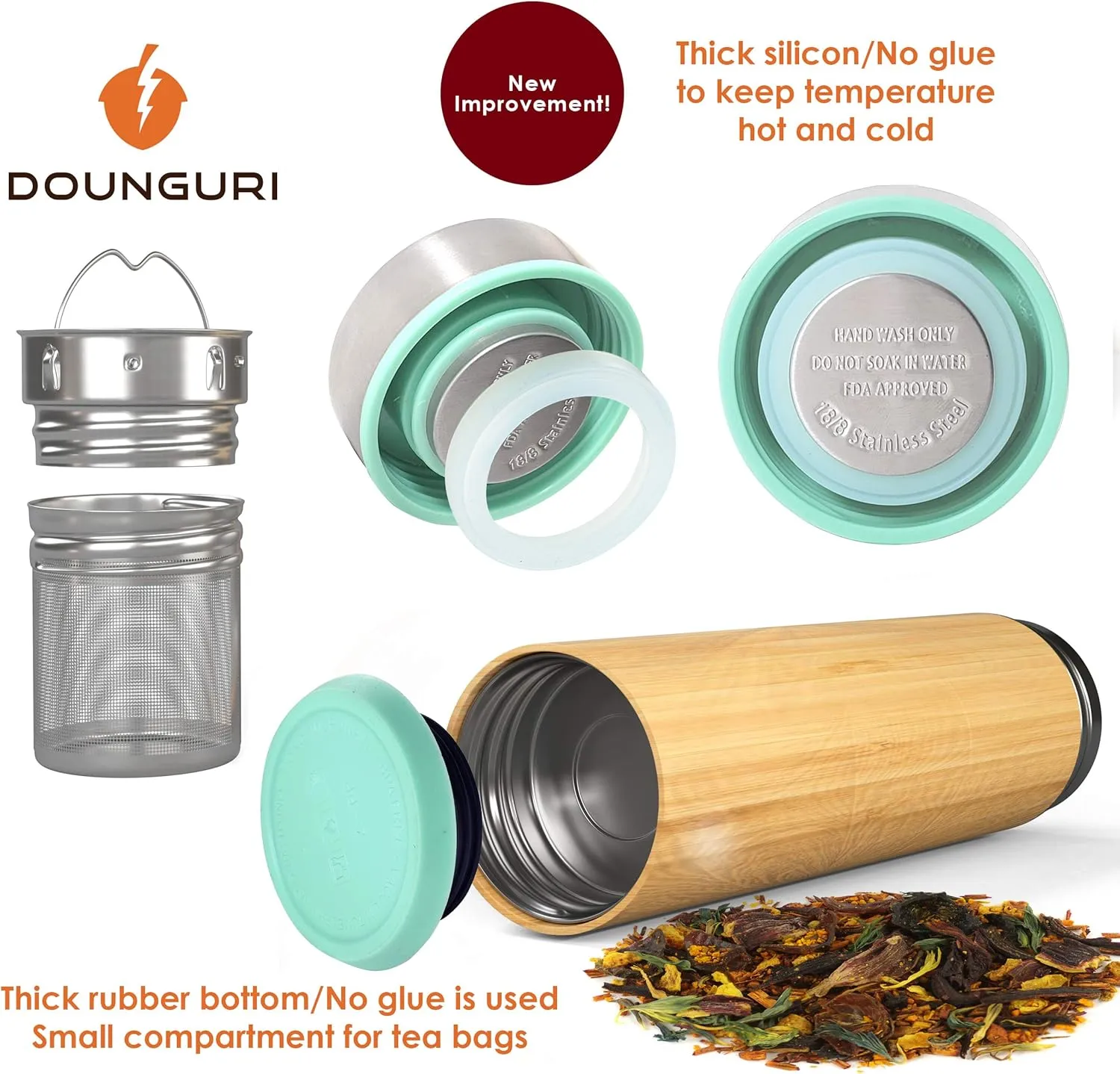 Bamboo Hot Tea Travel Tumbler with Strainer Infuser, Loose Leaf Tea Bottle - 18 oz Green Vacuum Insulated Stainless Steel Thermos/Coffee Travel Bottle/Hot and Cold Water/Leak Proof/Gift Ready