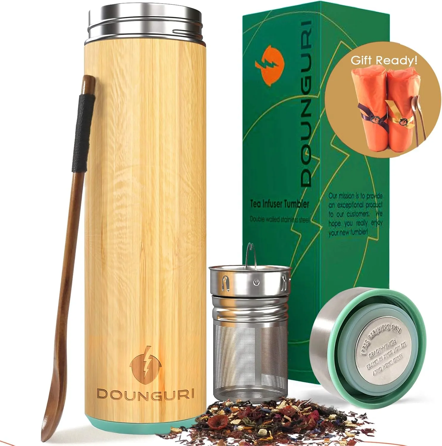 Bamboo Hot Tea Travel Tumbler with Strainer Infuser, Loose Leaf Tea Bottle - 18 oz Green Vacuum Insulated Stainless Steel Thermos/Coffee Travel Bottle/Hot and Cold Water/Leak Proof/Gift Ready