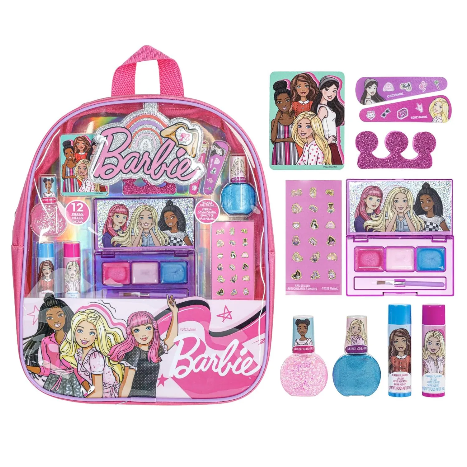 Barbie Makeup Filled Backpack Set, Including Lip Balm, Nail Polish, Nail File, Hair Bows, and Other Accessories, Ages 3  for Parties, Sleepovers and Makeovers, by Townley Girl