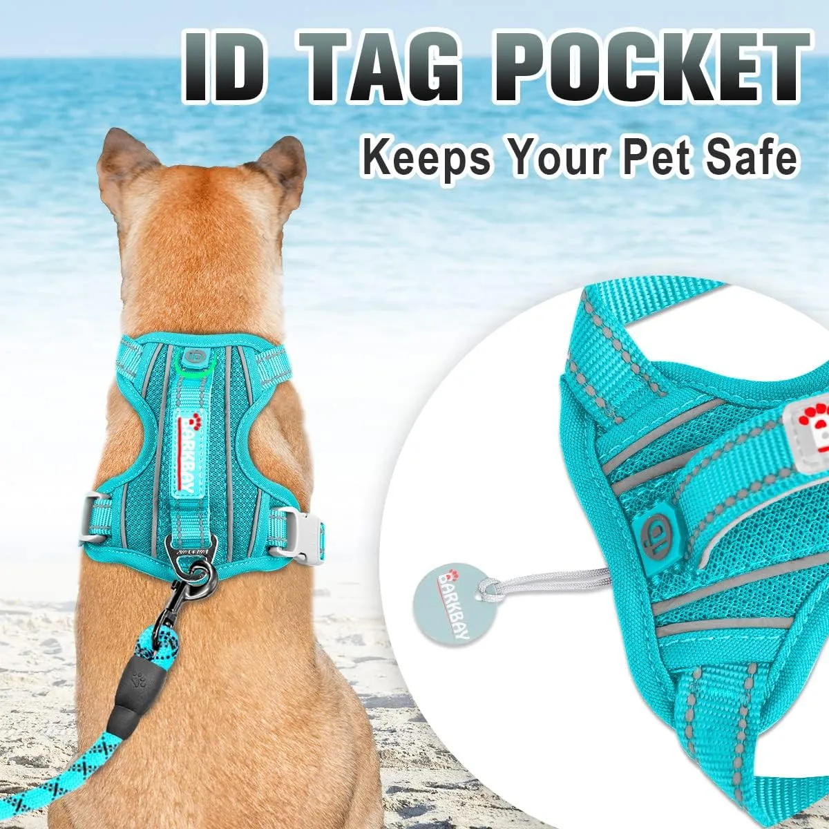 BARKBAY No Pull Dog Harness Large Reflective Dog Harness with Front Clip and Easy Control Handle for Walking Training Running with ID tag Pocket(Ocean Blue,L)