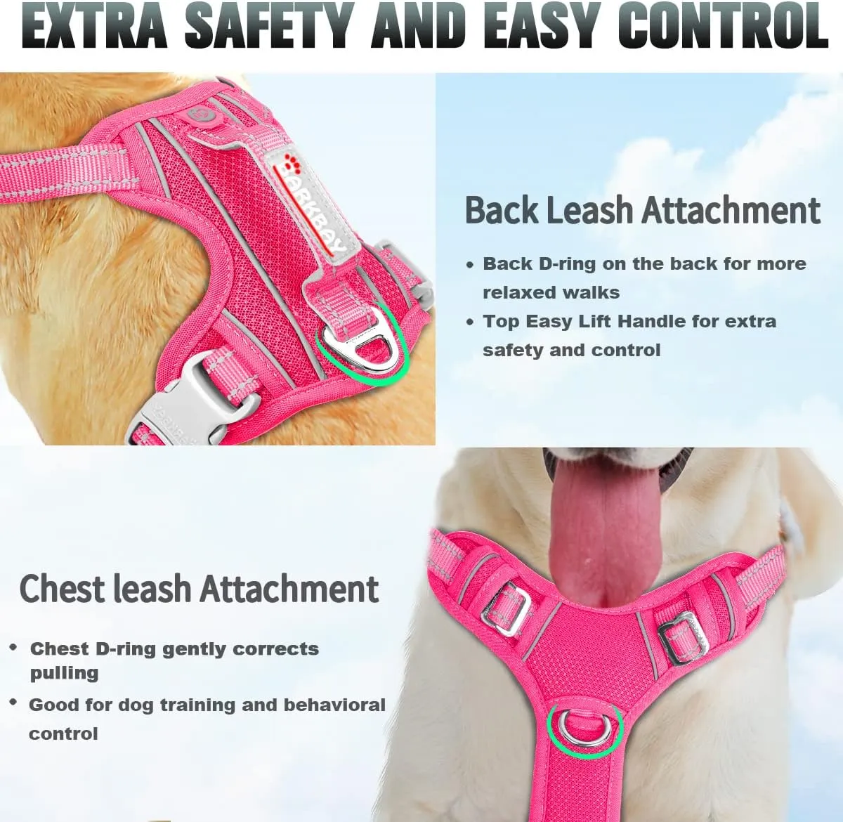 BARKBAY No Pull Dog Harness Large Reflective Dog Harness with Front Clip and Easy Control Handle for Walking Training Running with ID tag Pocket(Pink,L)