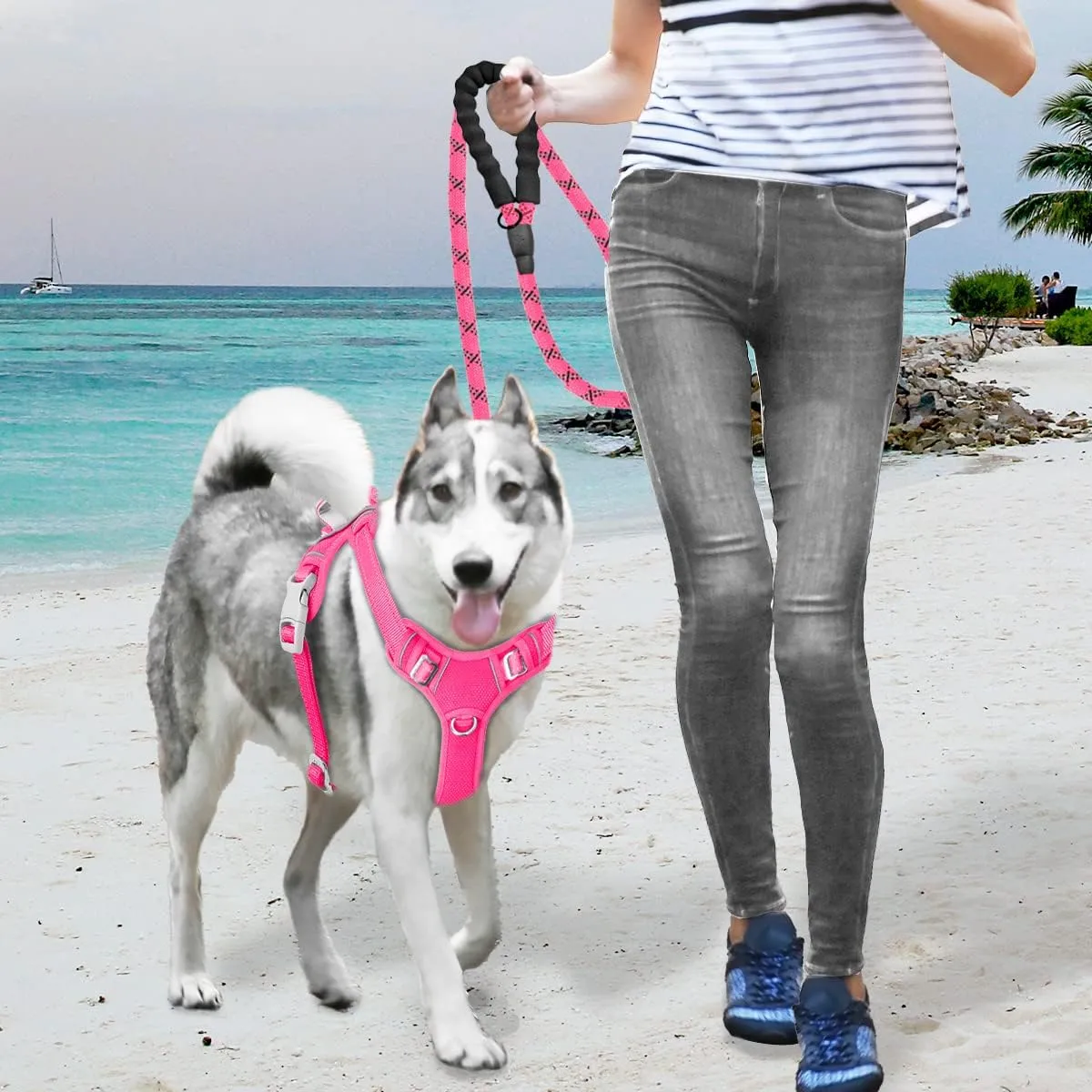 BARKBAY No Pull Dog Harness Large Reflective Dog Harness with Front Clip and Easy Control Handle for Walking Training Running with ID tag Pocket(Pink,L)