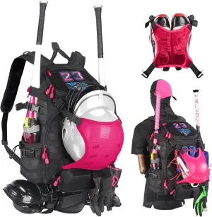 Baseball Bag Softball Bat Sports Gear Backpack with Large Shoe Compartment Helmet Holder Adult Youth for Men (black pink)