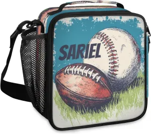 Baseball Football Grassland Personalized Lunch Bag Insulated Leak Proof Lunch Box Vintage Painting Reusable Tote Bag Organizer for Men Women with Adjustable Shoulder Strap