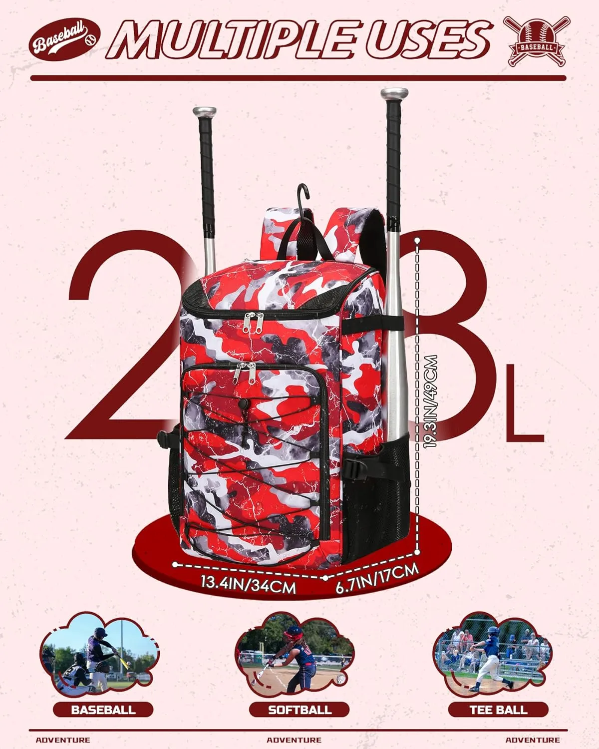 Baseball Softball Gear Bag Backpack for Boys Girls Ages 6-8 8-12 12-14 Large Kids T-Ball Bat Bags with Ventilated Shoe Compartment Baseball Softball Players Stuff Supplies