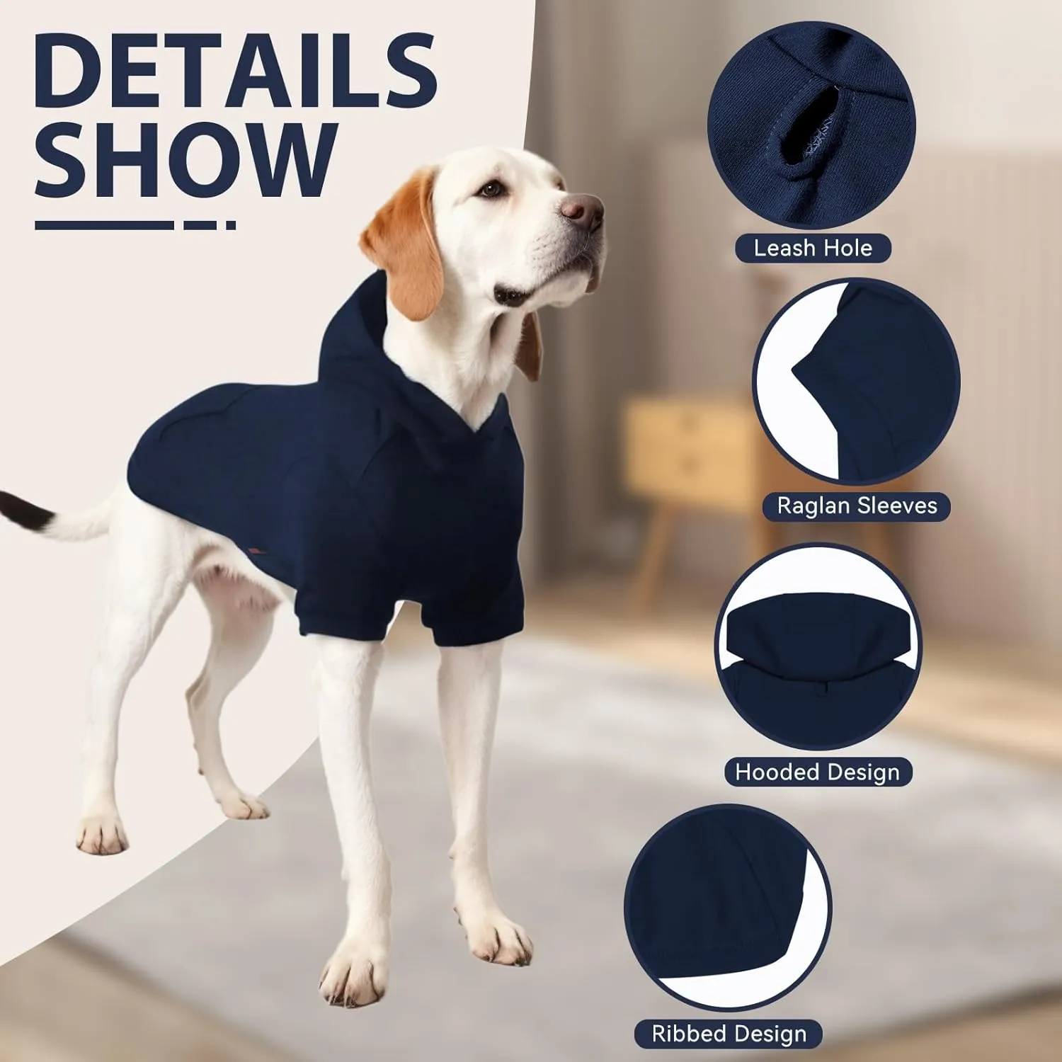 Basic Dog Hoodie, Soft Pet Hoodie Sweater with Leash Hole and Pocket, Cotton Puppy Sweatshirt Fashion Outfit for Small Medium Large Dogs- Navy Blue (Medium)