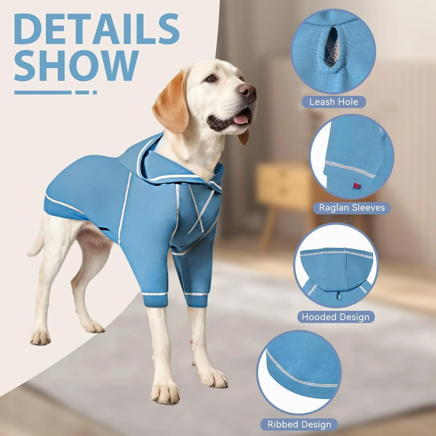 Basic Dog Hoodie Sweatshirts, Pet Clothes Hoodies Sweater with Hat and Leash Hole, Soft Cotton Outfit Coat for Small Medium Large Dogs, Light Blue (Medium)