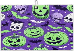 Bat Pumpkin Skull Purple Golf Towel with Heavy Duty Carabiner Ultra Absorbent Quick Dry Perfect for Cleaning Clubs Balls Gear Essential Golf Accessory for Men Women Kids