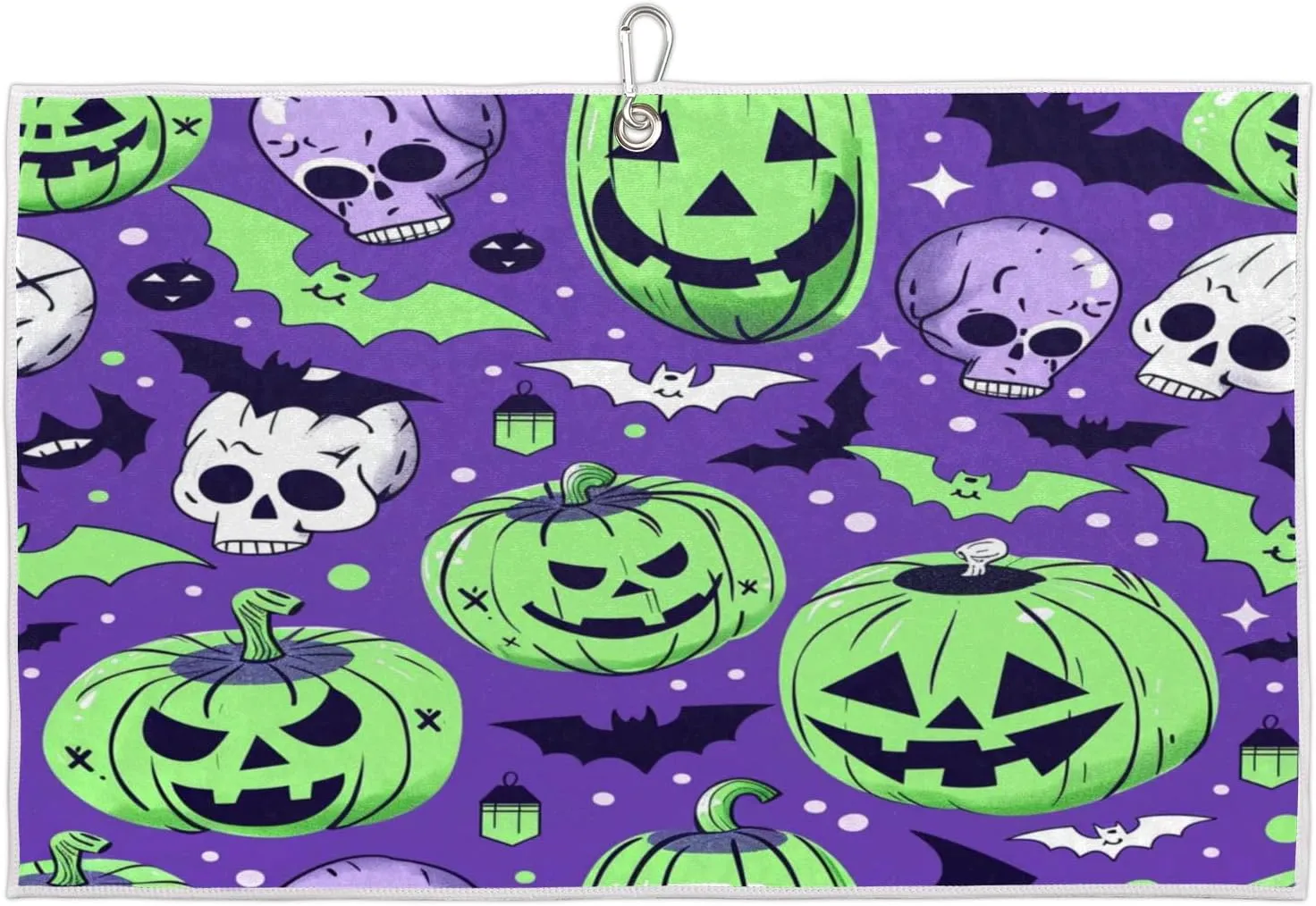 Bat Pumpkin Skull Purple Golf Towel with Heavy Duty Carabiner Ultra Absorbent Quick Dry Perfect for Cleaning Clubs Balls Gear Essential Golf Accessory for Men Women Kids