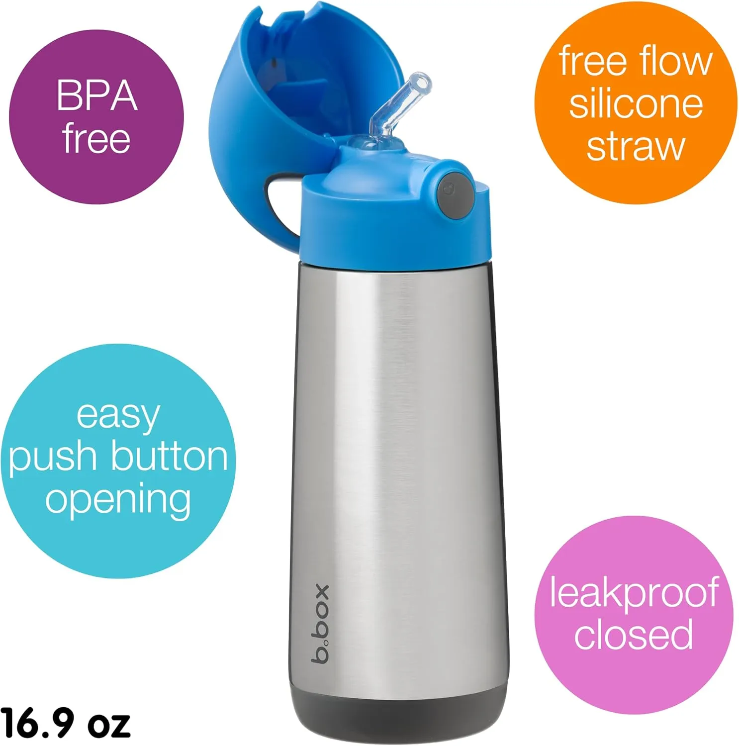 b.box 16.9 oz Insulated Water Bottle - Keeps Drinks Cold 15 Hours, Warm 8 Hours, Triple Wall Stainless Steel Kids Water Bottle w/Free Flow Silicone Straw, Leakproof & Dishwasher Safe