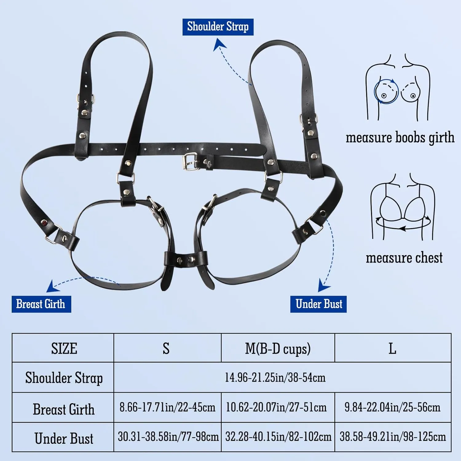 BDSM Breast Sex Bondage Restraints - B to D Cup Boobs Leather Sexy Harness for Women Body, BDSM Kit Chest Restraints Bra Binding Cuffs Kinky Sex Toy (Black M)