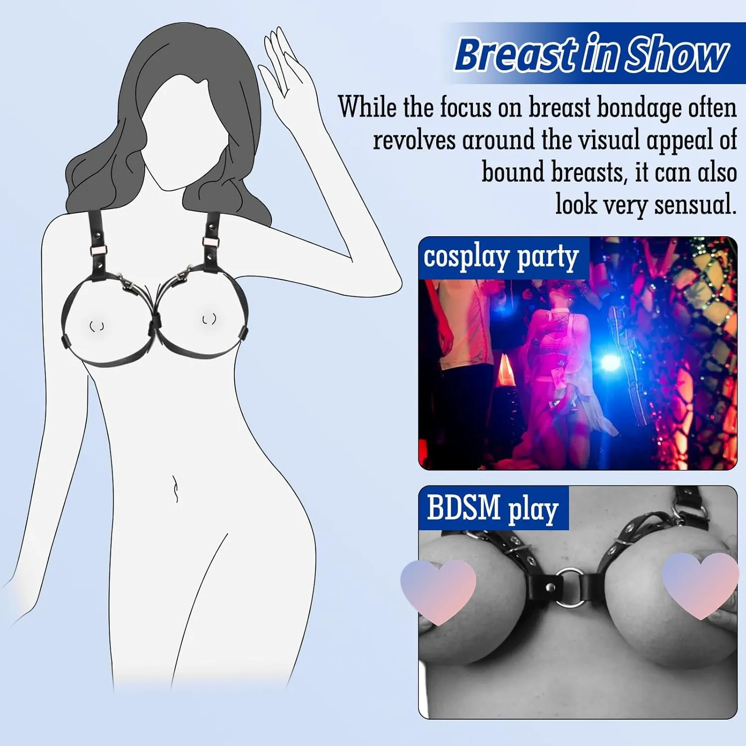 BDSM Breast Sex Bondage Restraints - B to D Cup Boobs Leather Sexy Harness for Women Body, BDSM Kit Chest Restraints Bra Binding Cuffs Kinky Sex Toy (Black M)