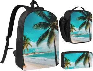 Beach Palm Trees print Backpack 3pcs Set Including 17 Inch Large BookBag With Lunch Bag And Practical Pen Bag