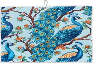 Beautiful Peacock Branches Golf Towel with Heavy Duty Carabiner Ultra Absorbent Quick Dry Perfect for Cleaning Clubs Balls Gear Essential Golf Accessory for Men Women Kids