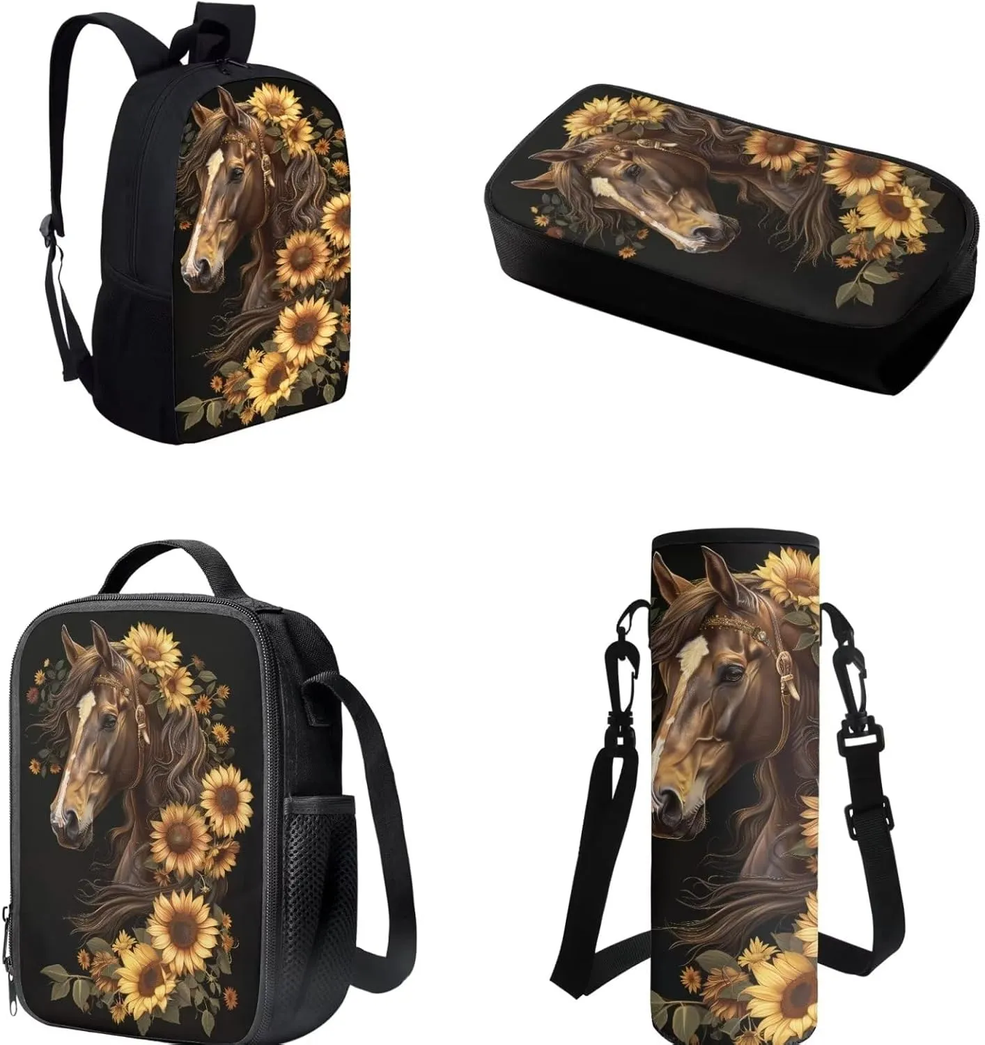 Belidome Girls Horse School Backpack Set with Pencil Case Insulated Lunch Pouch Bottle Holder Cover