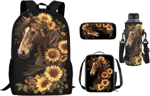 Belidome Girls Horse School Backpack Set with Pencil Case Insulated Lunch Pouch Bottle Holder Cover