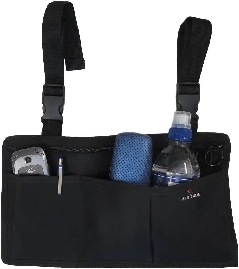 BENEFIT WEAR 5 Pocket Side-Pack Wheelchair, Walker or Scooter Bag with Key Rings | Wheelchair Armrest Accessories for Walker, Electric Scooter & Wheelchairs (Black)