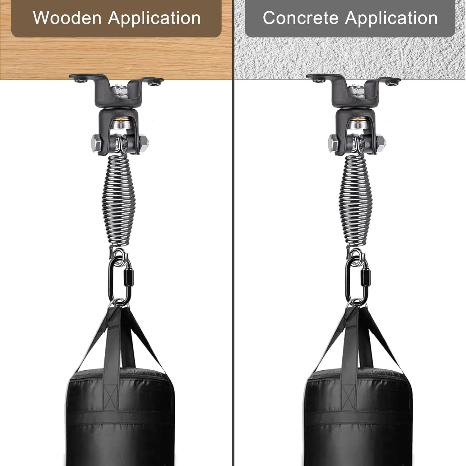 BeneLabel Heavy Duty Boxing Punching Bag Hanger with Spring, 360° Rotation Wood Beam Holder, 1 Carabiner, 1 Comfort Spring, 2 Hexagon Wood Screws and 2 Expansion Screws.