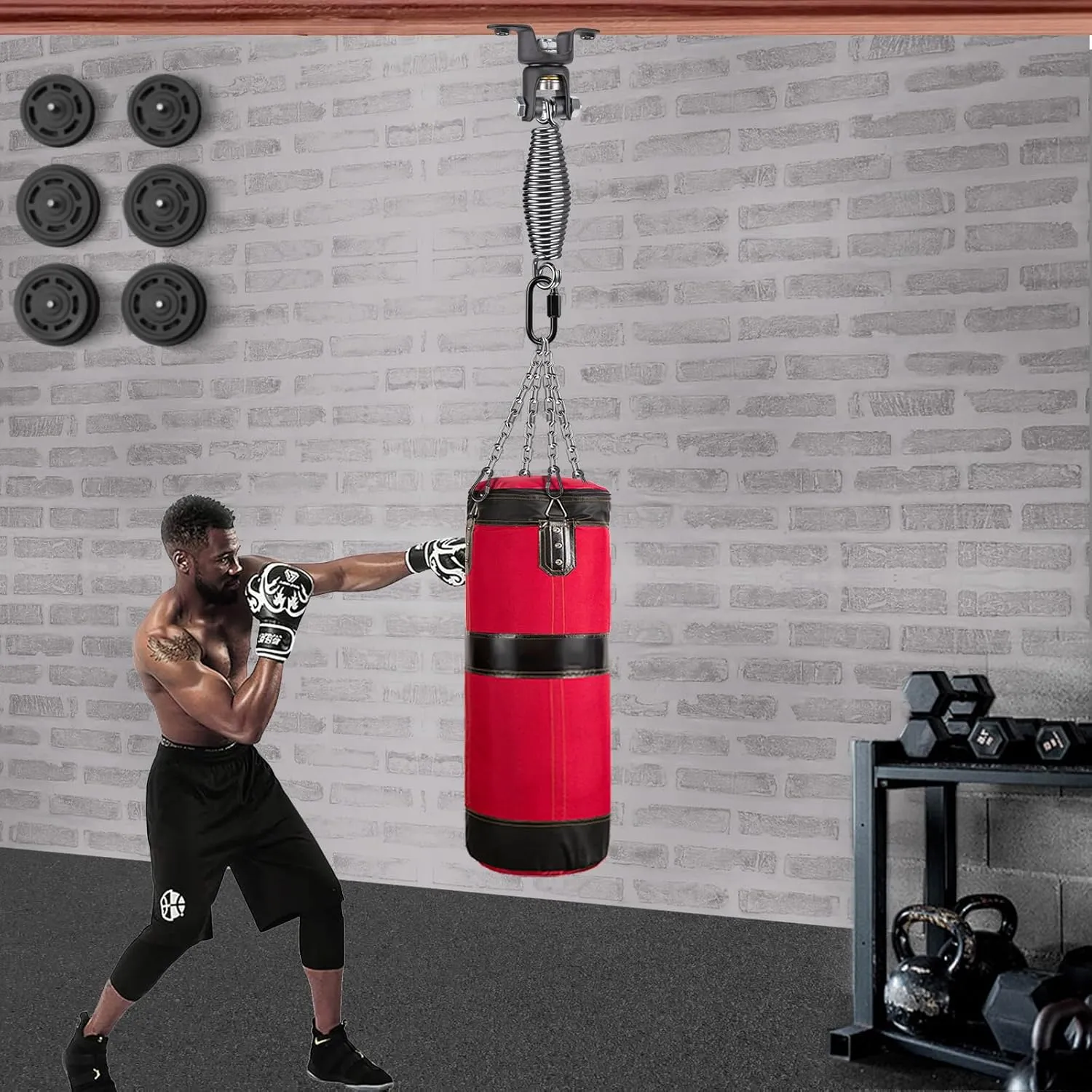 BeneLabel Heavy Duty Boxing Punching Bag Hanger with Spring, 360° Rotation Wood Beam Holder, 1 Carabiner, 1 Comfort Spring, 2 Hexagon Wood Screws and 2 Expansion Screws.