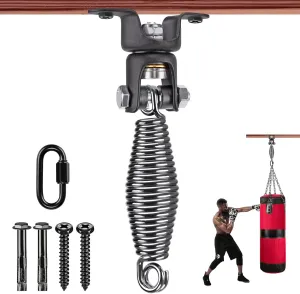 BeneLabel Heavy Duty Boxing Punching Bag Hanger with Spring, 360° Rotation Wood Beam Holder, 1 Carabiner, 1 Comfort Spring, 2 Hexagon Wood Screws and 2 Expansion Screws.