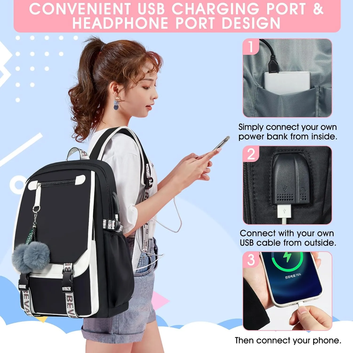 Bevalsa Backpack with Lunch Box for Girls Kids Middle High School College Student 20L Nylon Water Resistant Casual Daypack Children Schoolbag Bookbag with USB Charging Port