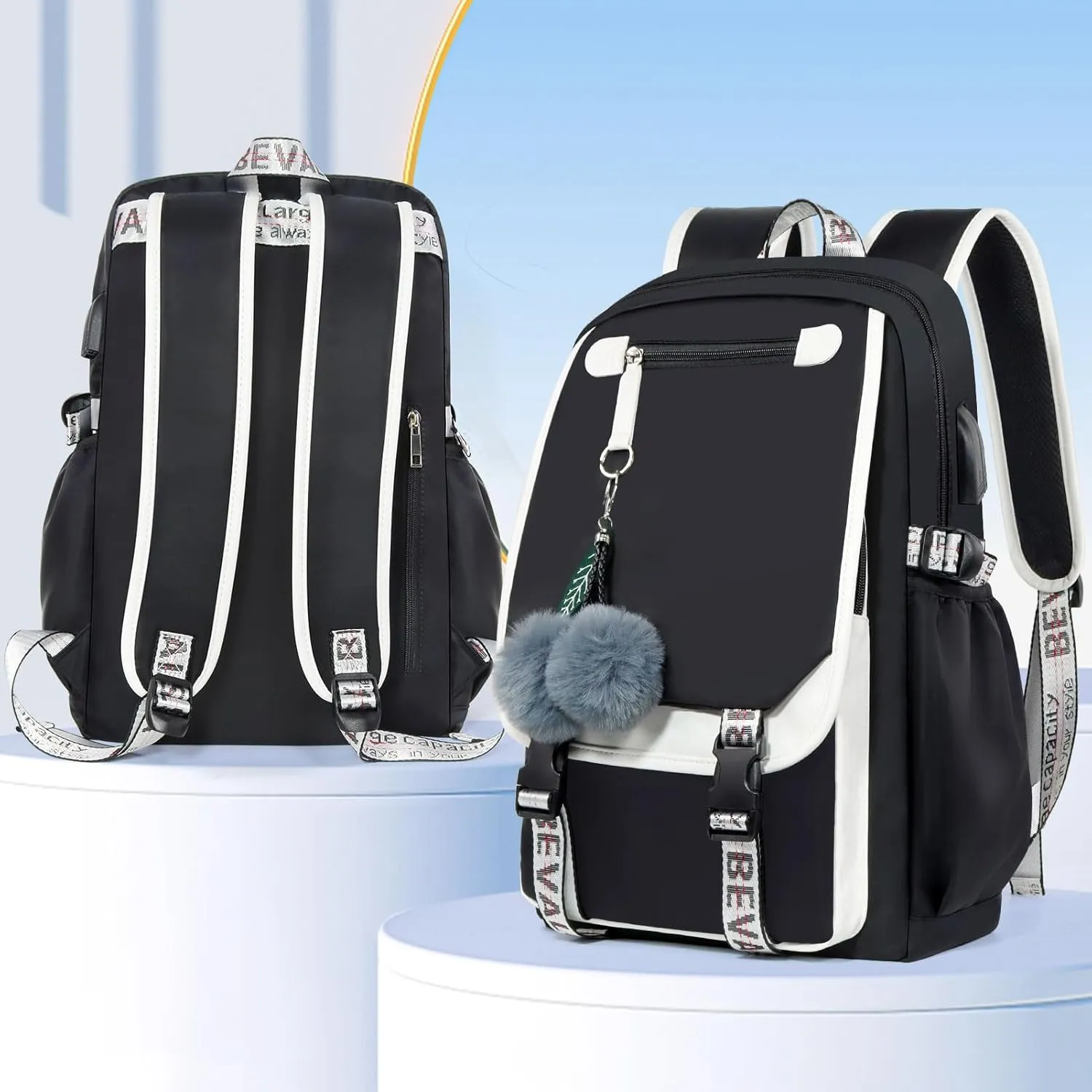 Bevalsa Backpack with Lunch Box for Girls Kids Middle High School College Student 20L Nylon Water Resistant Casual Daypack Children Schoolbag Bookbag with USB Charging Port
