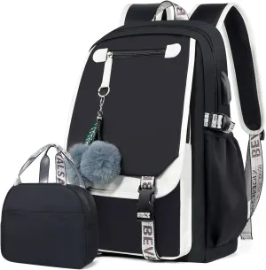 Bevalsa Backpack with Lunch Box for Girls Kids Middle High School College Student 20L Nylon Water Resistant Casual Daypack Children Schoolbag Bookbag with USB Charging Port