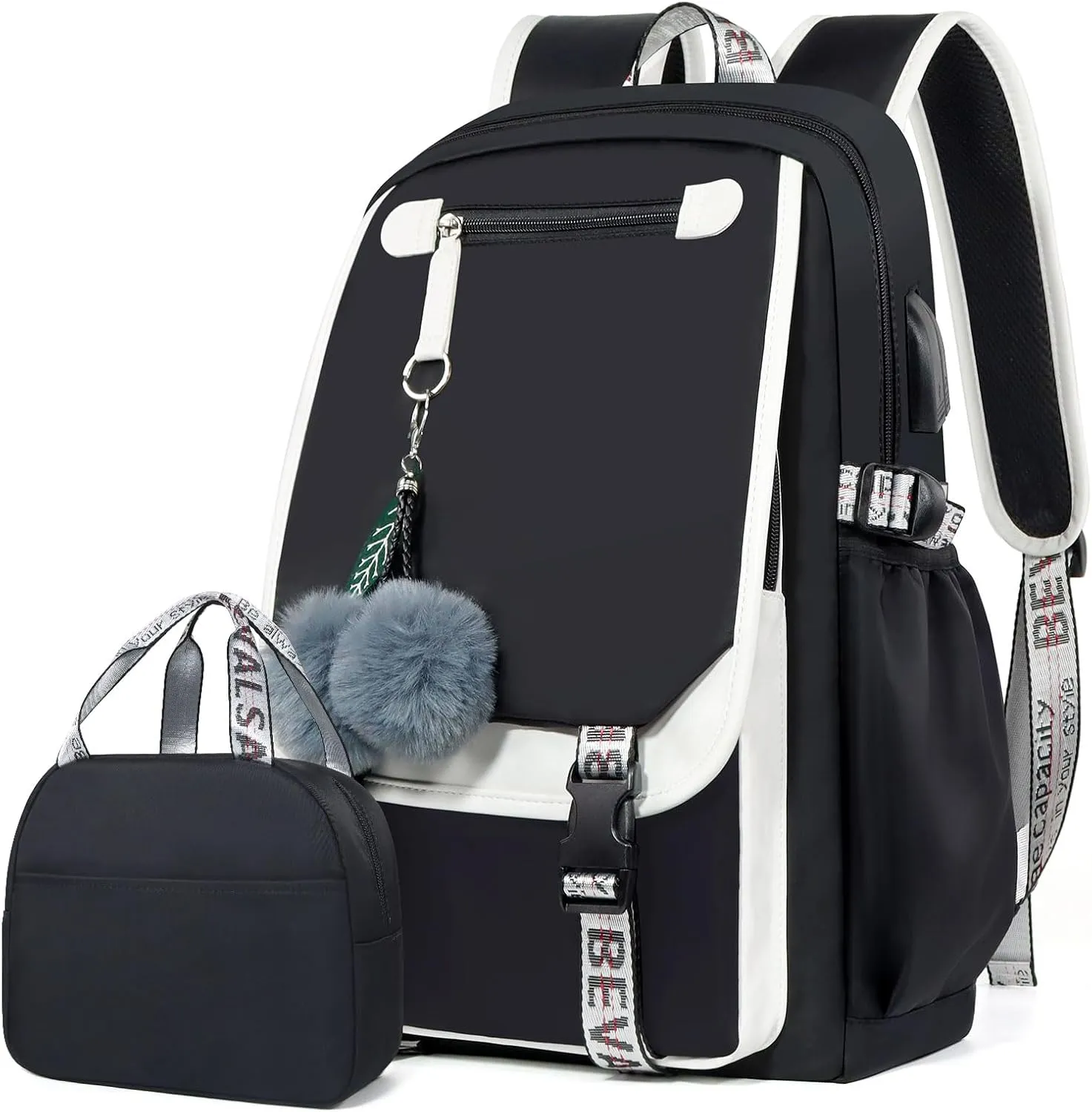 Bevalsa Backpack with Lunch Box for Girls Kids Middle High School College Student 20L Nylon Water Resistant Casual Daypack Children Schoolbag Bookbag with USB Charging Port