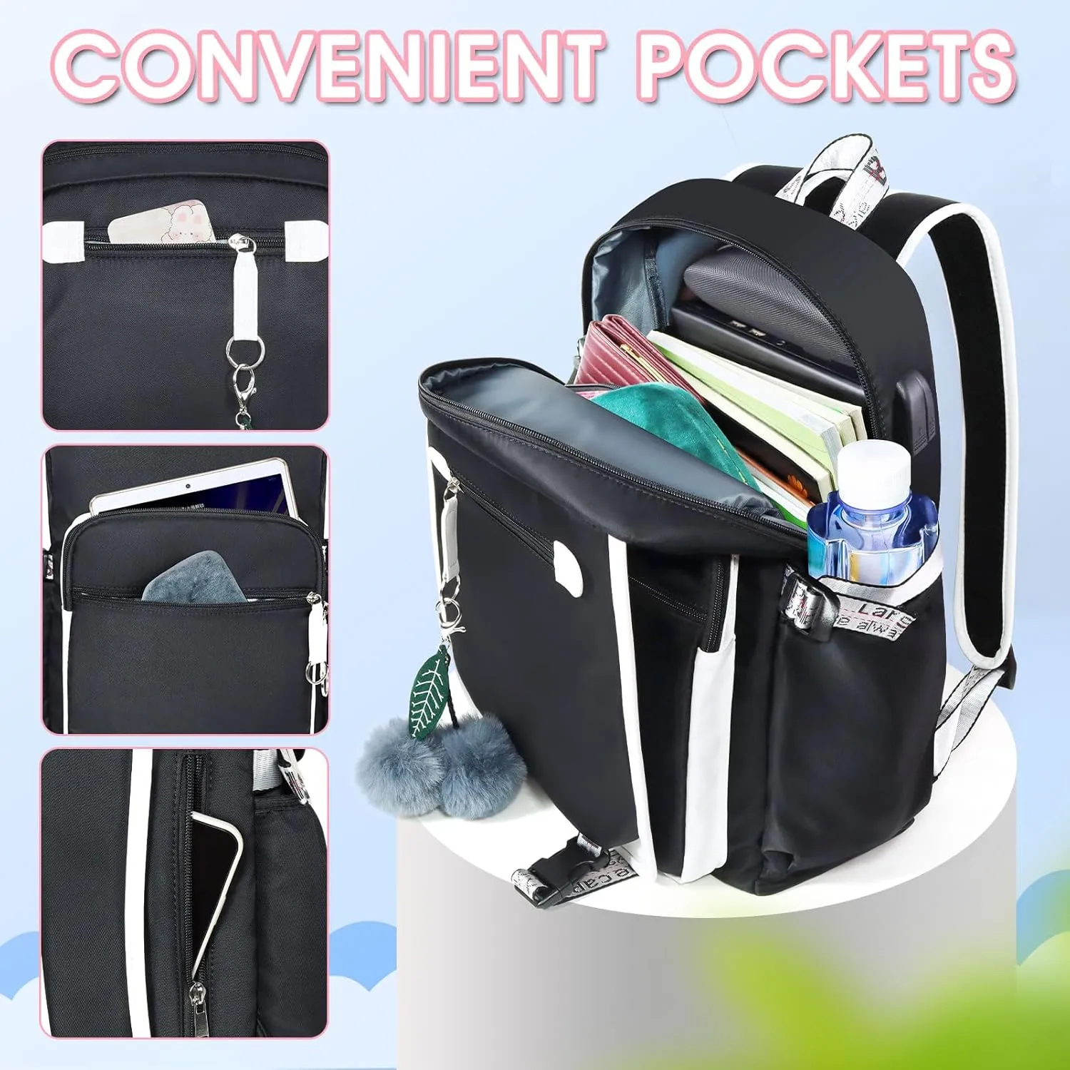 Bevalsa Backpack with Lunch Box for Girls Kids Middle High School College Student 20L Nylon Water Resistant Casual Daypack Children Schoolbag Bookbag with USB Charging Port