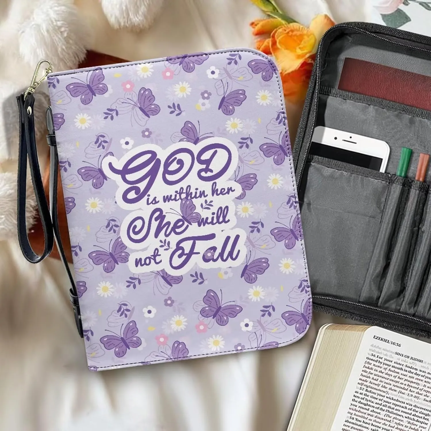 Bible Cover Case for Unisex Stylish Bible Bag with Detachable Black Ribbon Church Tote Bag Zippered Book Handbag