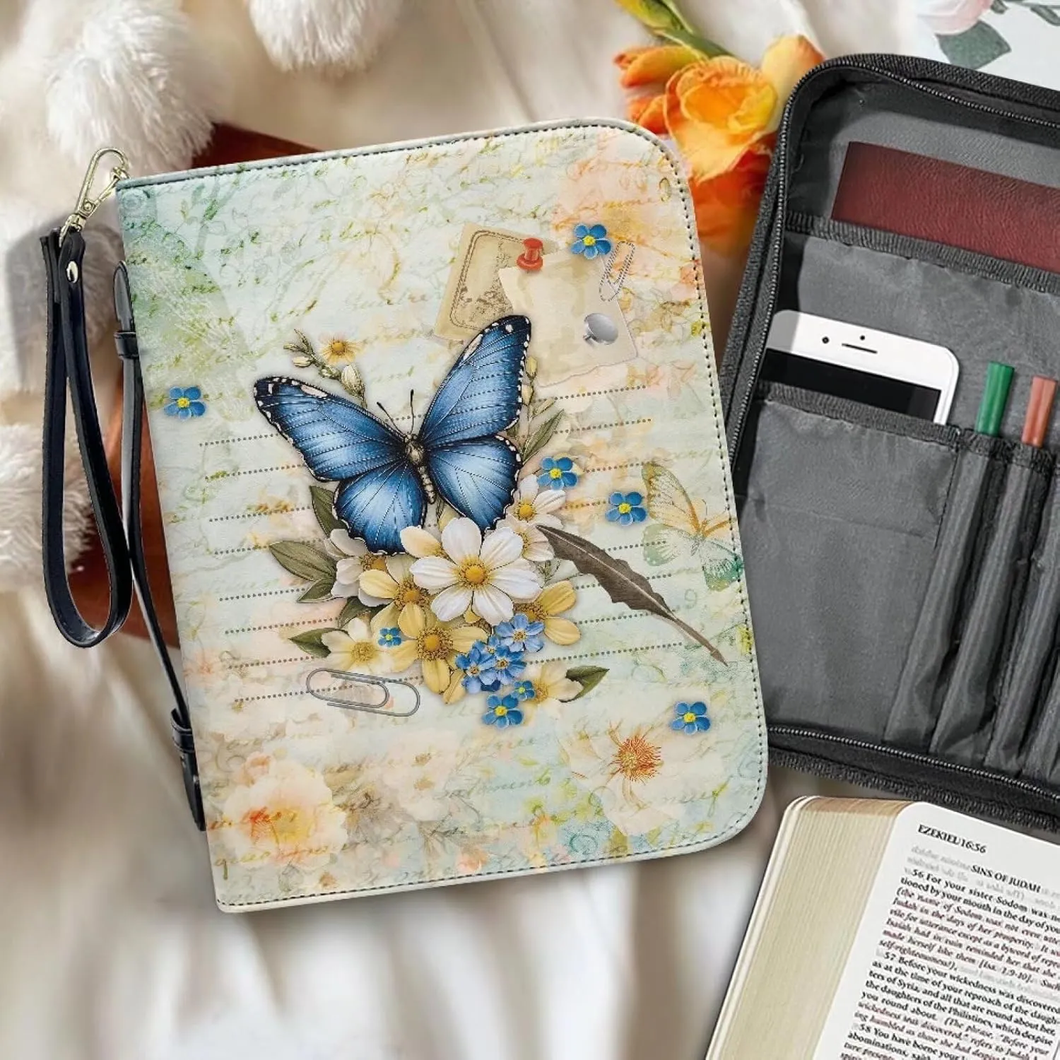 Bible Cover Case for Unisex Stylish Bible Bag with Detachable Black Ribbon Church Tote Bag Zippered Book Handbag
