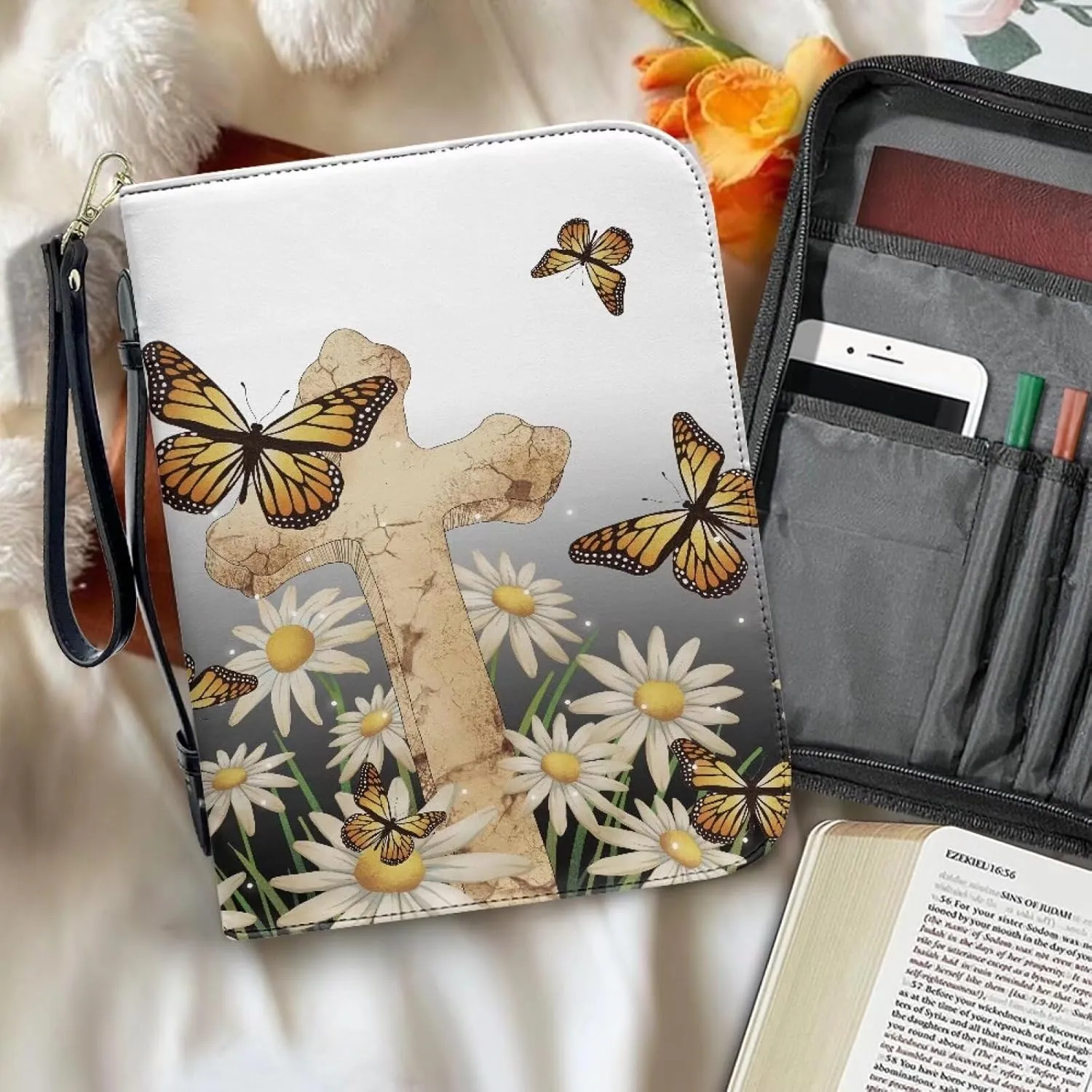 Bible Cover Case for Unisex Stylish Bible Bag with Detachable Black Ribbon Church Tote Bag Zippered Book Handbag