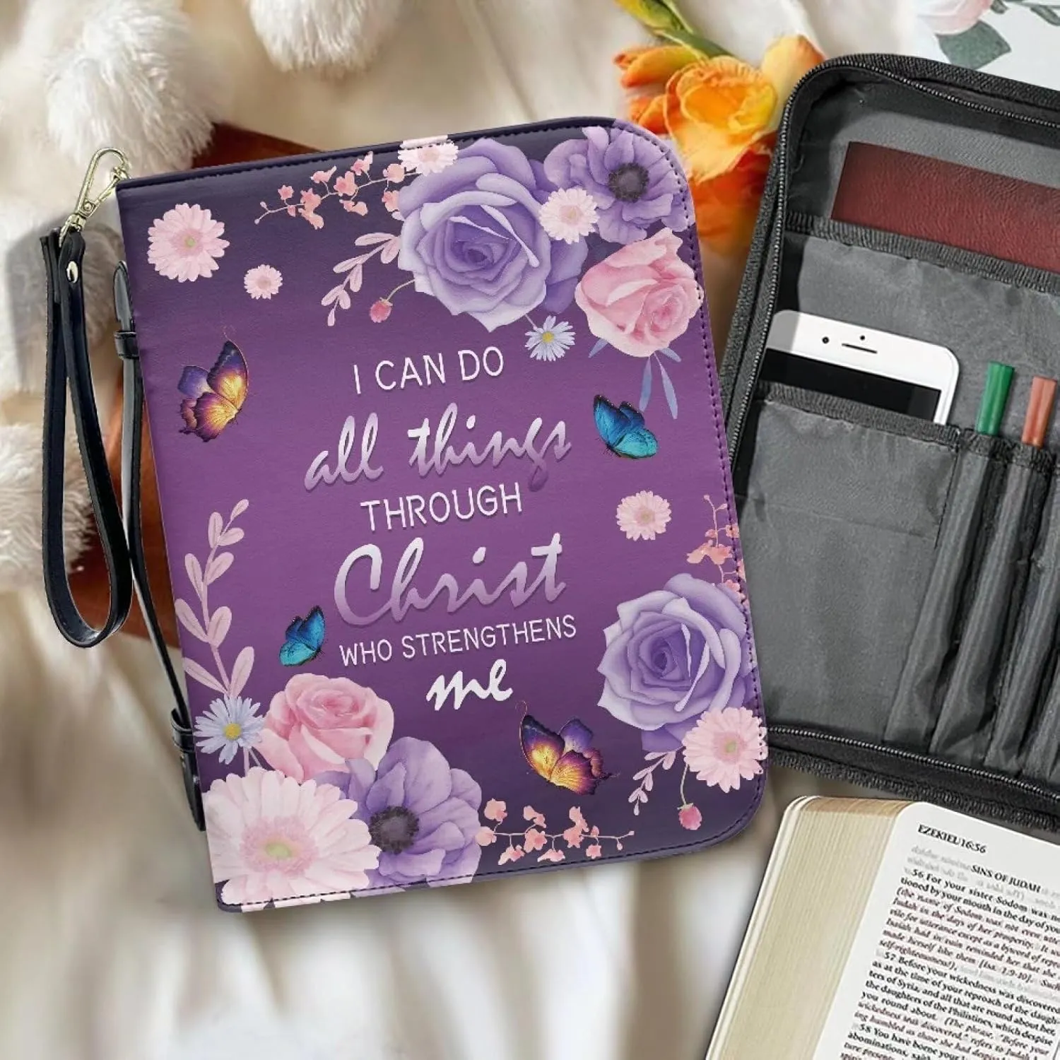 Bible Cover Case for Unisex Stylish Bible Bag with Detachable Black Ribbon Church Tote Bag Zippered Book Handbag