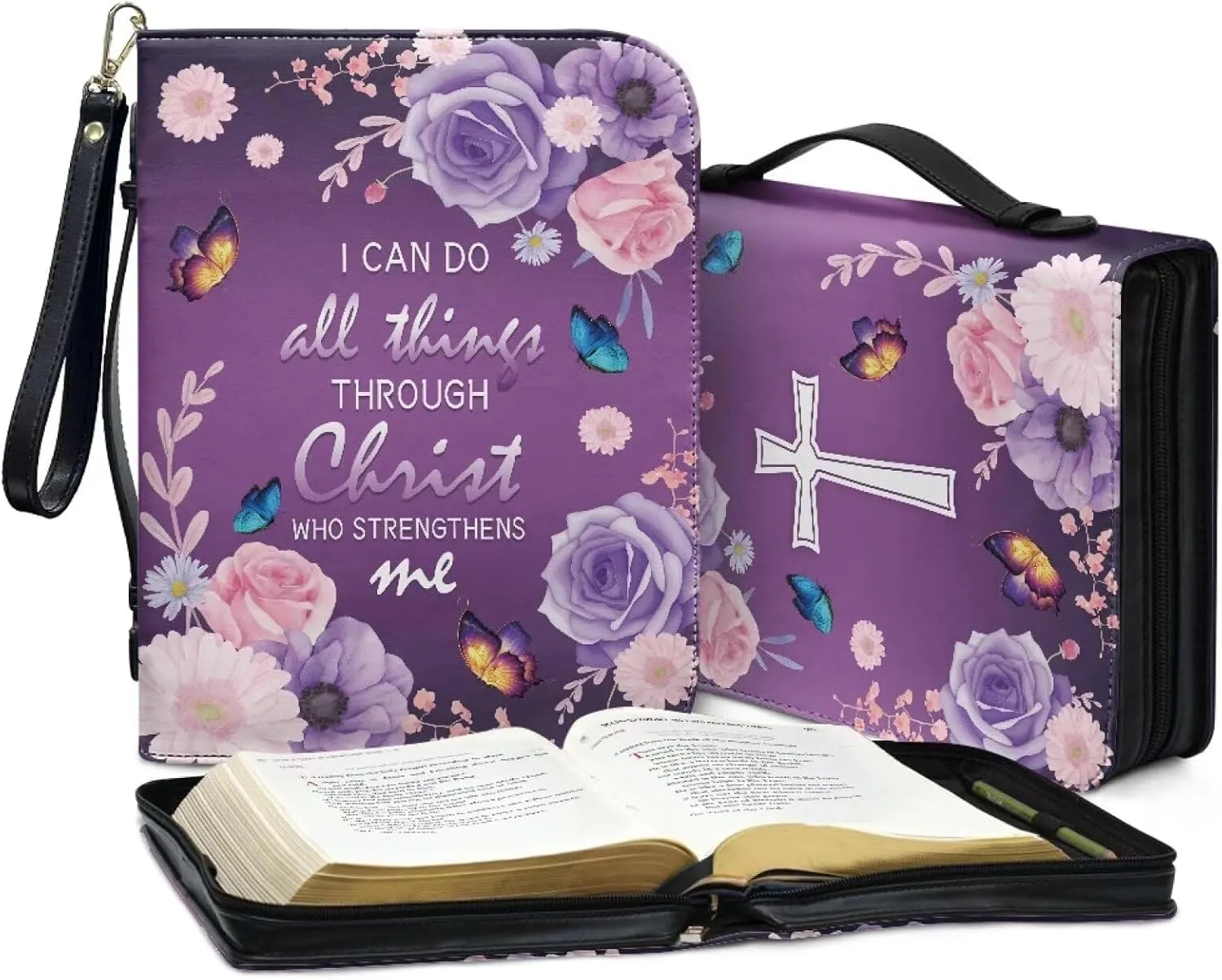 Bible Cover Case for Unisex Stylish Bible Bag with Detachable Black Ribbon Church Tote Bag Zippered Book Handbag