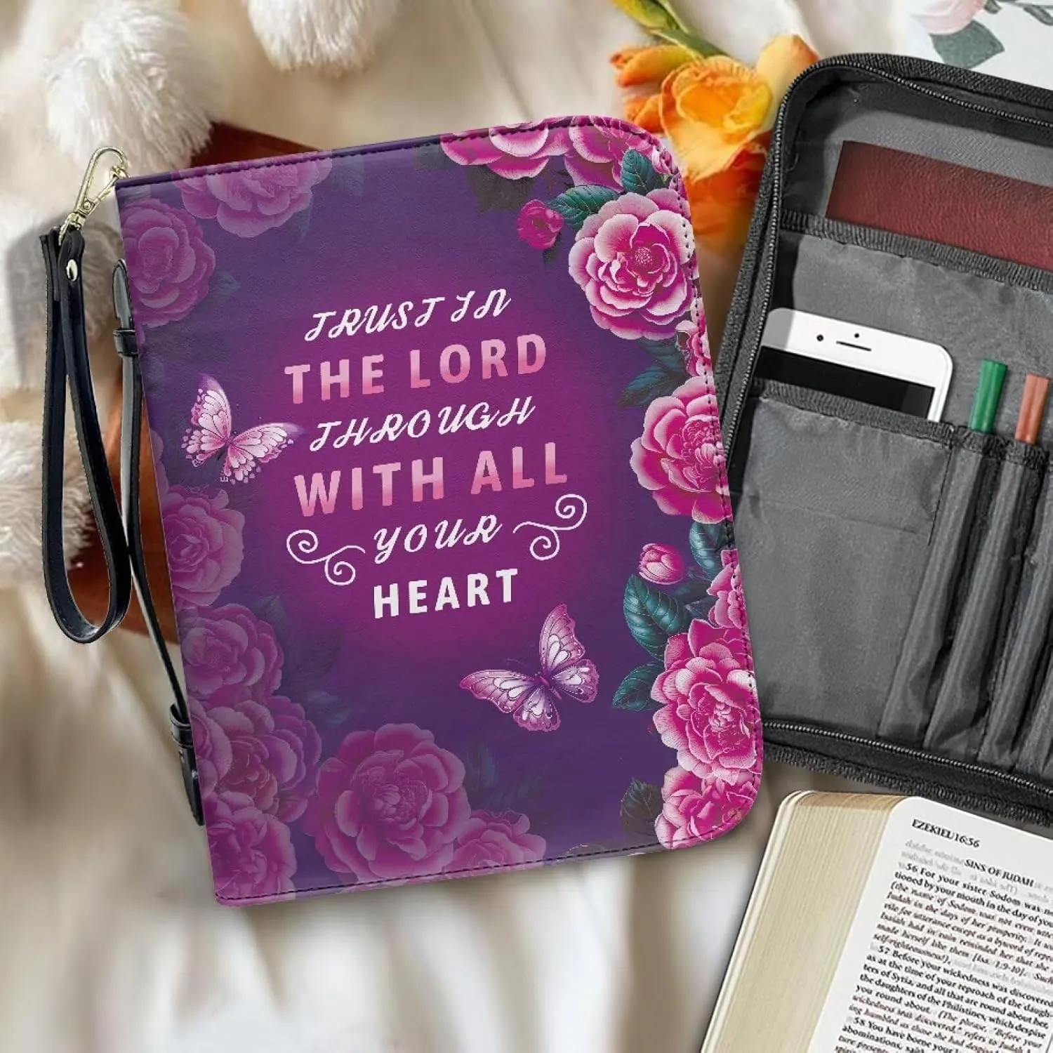 Bible Cover Case for Unisex Stylish Bible Bag with Detachable Black Ribbon Church Tote Bag Zippered Book Handbag