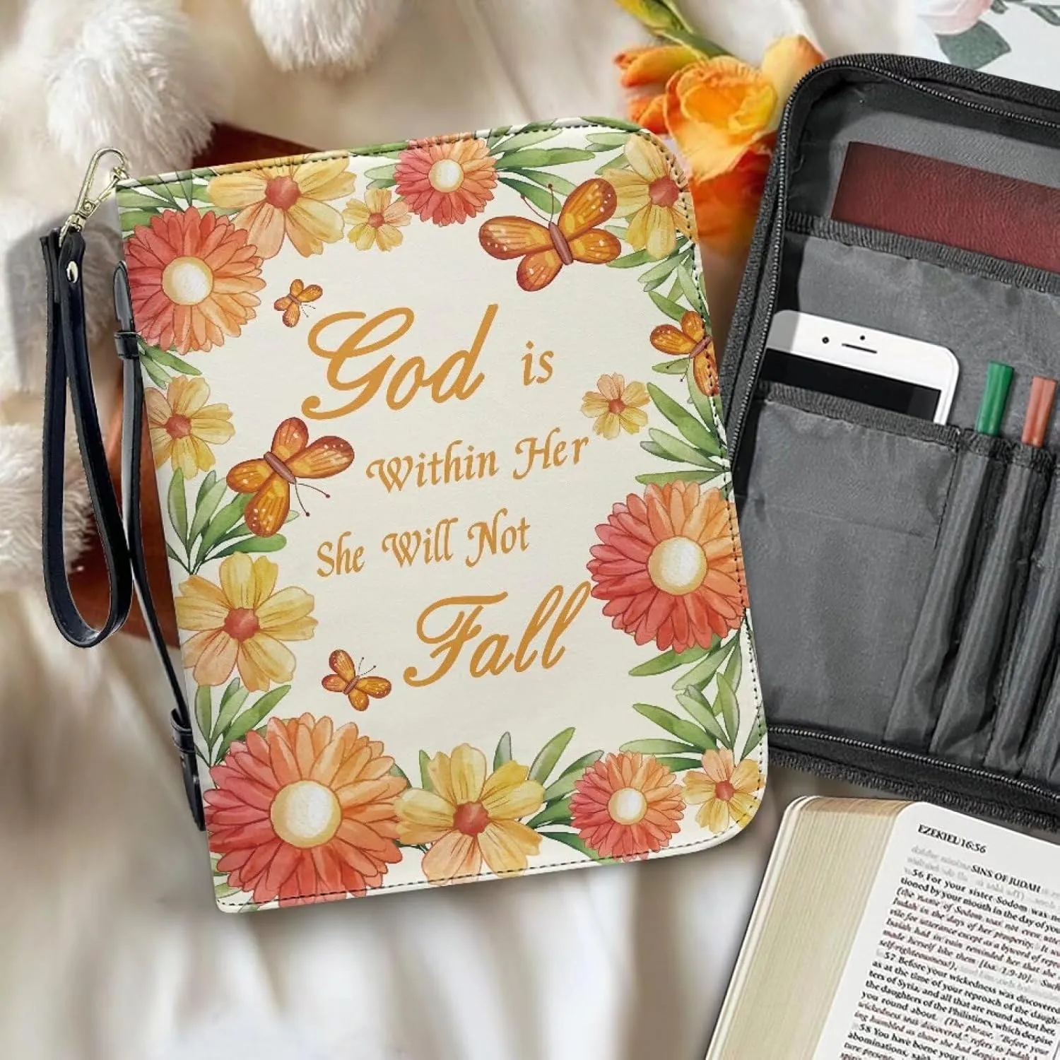 Bible Cover Case for Unisex Stylish Bible Bag with Detachable Black Ribbon Church Tote Bag Zippered Book Handbag