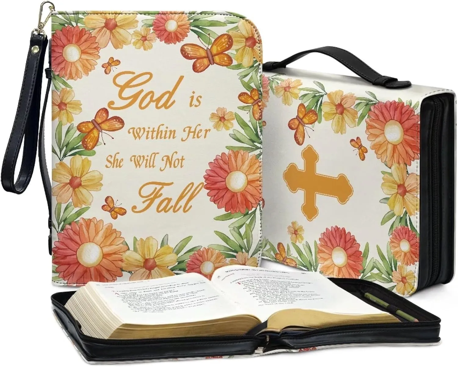 Bible Cover Case for Unisex Stylish Bible Bag with Detachable Black Ribbon Church Tote Bag Zippered Book Handbag